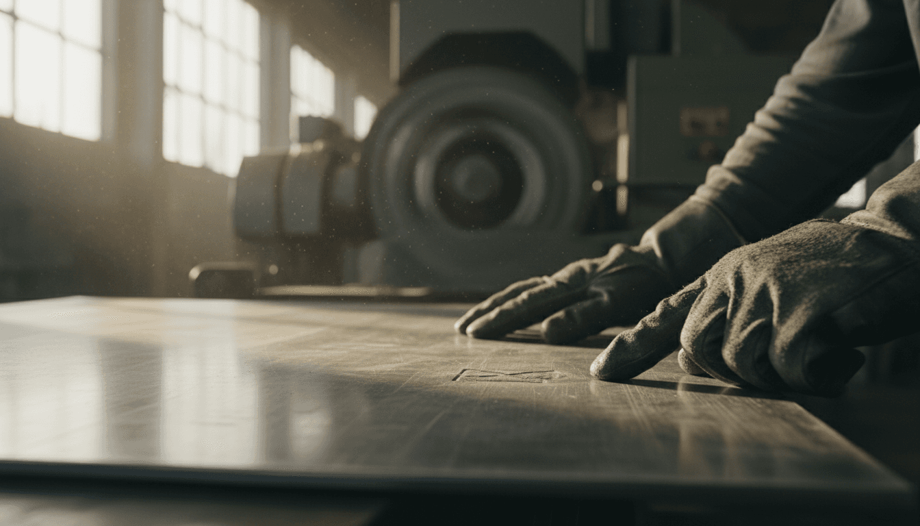 Manos con guantes industriales inspeccionando lámina metálica para clasificación